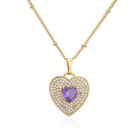 Micro Inlaid Zircon Peach Heart Necklace Brass Plating 18k Real Gold