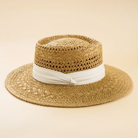 Fashion British Style Handmade Straw Woven Concave Top Hat Female Summer Vacation Seaside Sun-proof Beach Hat