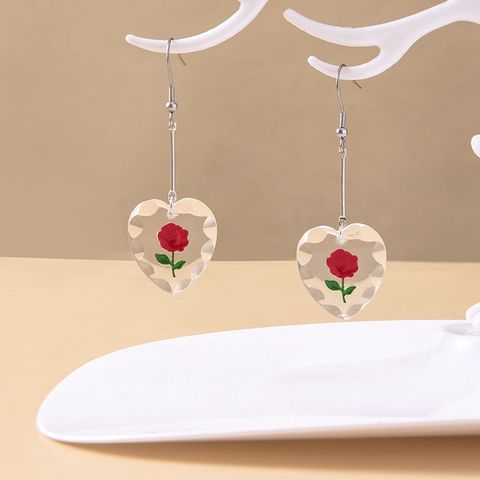 Cute Acrylic Heart Shape Rose Earrings Necklace Daily Unset 1 Piece