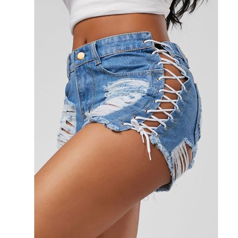 Women's Fashion Solid Color Ripped Straps Jeans Pants