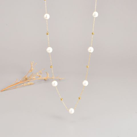 Women's Elegant Geometric Titanium Steel Necklace Beaded Pearl Stainless Steel Necklaces