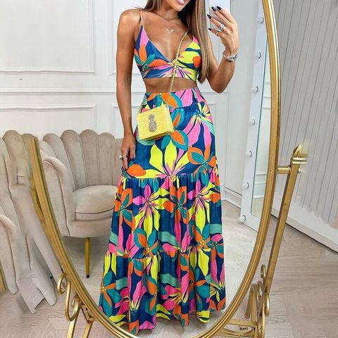 Bohemian Floral Sleeveless Polyester Dresses Midi Dress