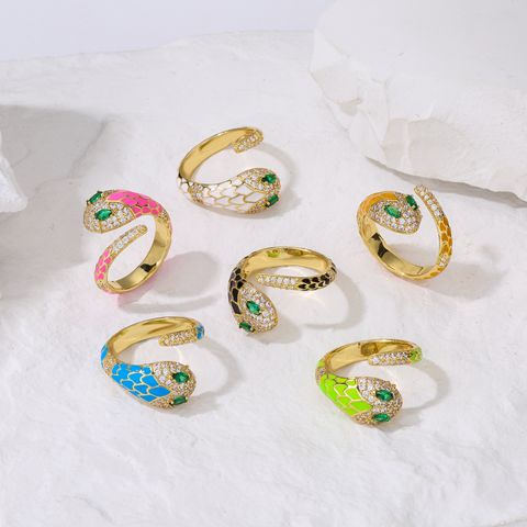 Inlaid Zircon Snake Shaped Colorful Oil Adjustable Ring