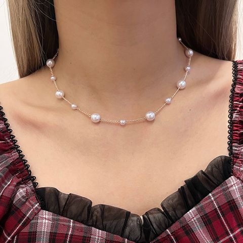 Collar De Cadena De Clavícula Chapado En Oro De Perlas De Imitación De Moda Para Mujer