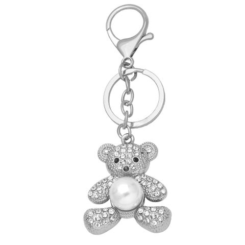 Cute Creative Pendant Bear Pearl Inlaid Rhinestone Alloy Key Chain
