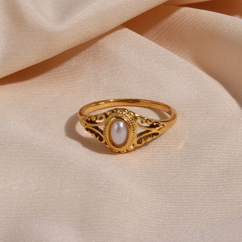 Dame Geometrisch Rostfreier Stahl Nationale Flut Perle Metall Perle Vergoldet Ringe