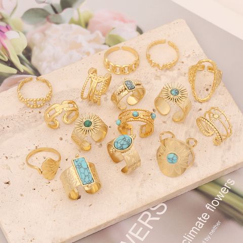 Stainless Steel 18K Gold Plated Fashion Inlay Asymmetrical Dress Turquoise Rings