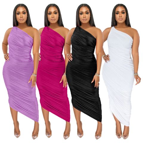 Women's Pencil Skirt Sexy Oblique Shoulder Style Splicing Long Sleeve Solid Color Maxi Long Dress Daily