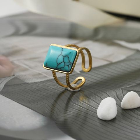 Stainless Steel Retro Metal Square Turquoise Open Ring