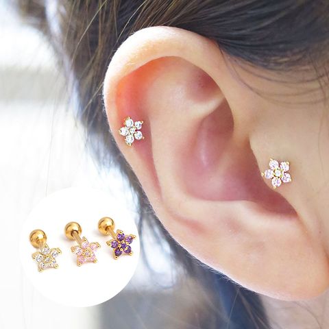 Ear Cartilage Rings & Studs Simple Style Flower 316 Stainless Steel  Copper Inlay Zircon