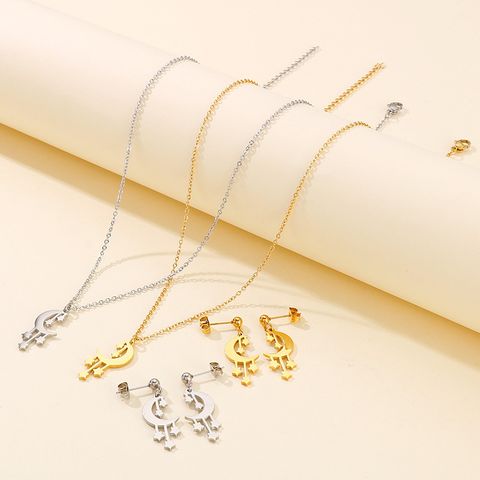 Fashion Star Moon Stainless Steel No Inlaid Earrings Necklace