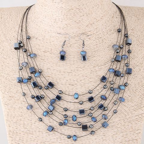 Bohemian Geometric Resin Inlaid Crystal Layered Necklaces Earrings 1 Set