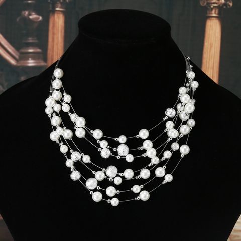 Elegant Round Alloy Beaded Pearl Layered Necklaces 1 Piece