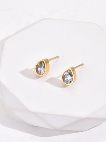 1 Pair Simple Style Water Droplets Plating Inlay 304 Stainless Steel Artificial Diamond 14K Gold Plated Ear Studs
