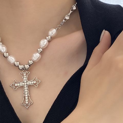 Fashion Cross Pearl Imitation Pearl Steel Aluminum-Magnesium Alloy Women'S Necklace