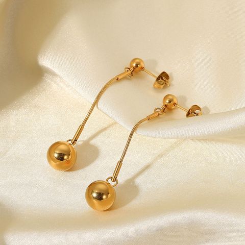 Fashion 18k Gold Long Small Golden Balls Stainless Steel Eardrops Earrings