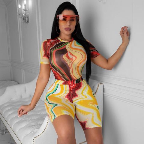 Printed Sports Round Neck Short Sleeve Tight High Waist Top And Shors Suit