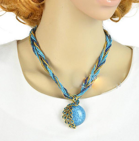 Frau Nationaler Stil Pfau Legierung Halskette Künstliche Edelsteine Künstliche Strasssteine Halsketten