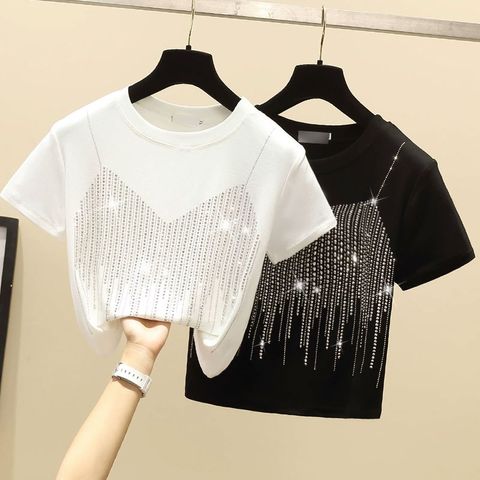 Women's T-shirt Short Sleeve T-shirts Diamond Casual Solid Color