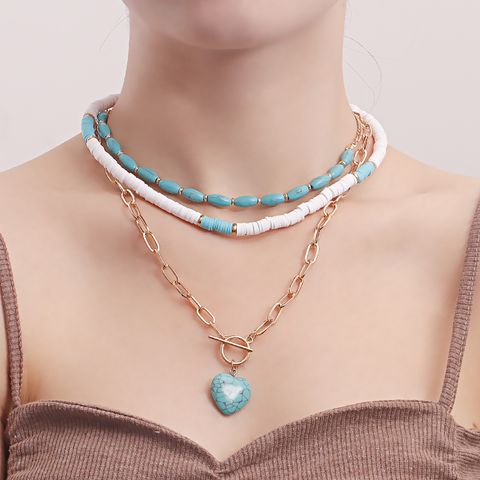 Fashion Heart Shape Alloy Beaded Plating Layered Necklaces