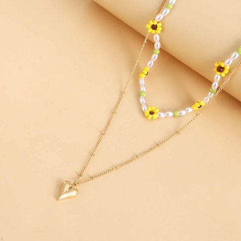Fashion Heart Shape Flower Alloy Beaded Plating Layered Necklaces