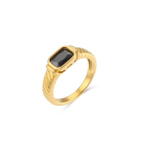 Vintage Style Square Stainless Steel Inlay Zircon Gold Plated Rings