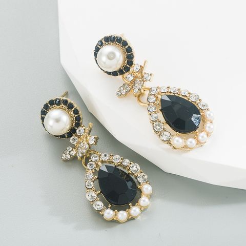 Fashion Water Droplets Alloy Inlay Rhinestone Pearl Drop Earrings