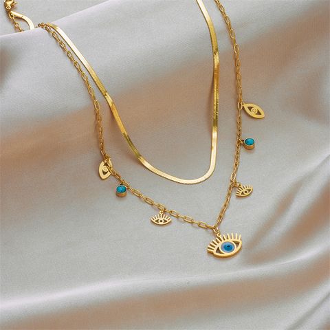 Acero Inoxidable Chapados en oro de 18k Estilo Vintage Chapado En Oro Ojo Turquesa Collares En Capas