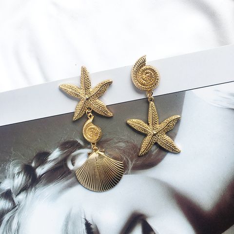Marine Style Starfish Shell Alloy Asymmetrical Gold Plated Drop Earrings