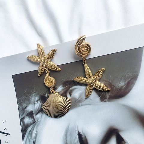 Marine Style Starfish Shell Alloy Asymmetrical Gold Plated Drop Earrings