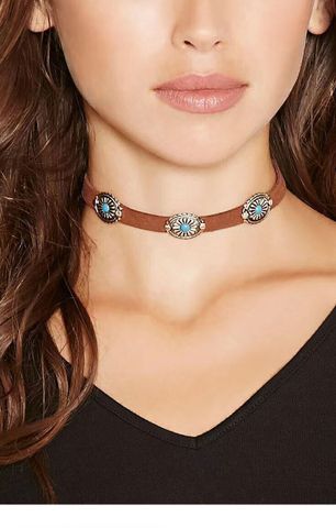 Fashion Oval Pu Leather Inlay Turquoise Bracelets Necklace