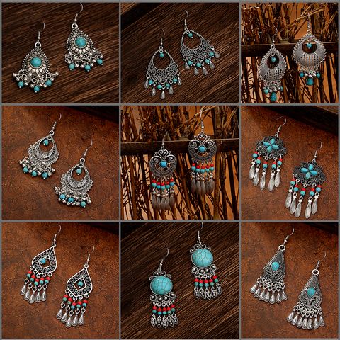 Ethnic Style Geometric Alloy Hollow Out Inlay Turquoise Drop Earrings 1 Pair