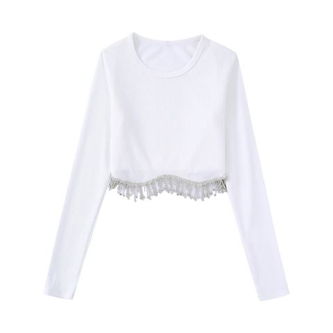 Fashion Solid Color Polyester Round Neck Long Sleeve Beaded Tassel Blouse