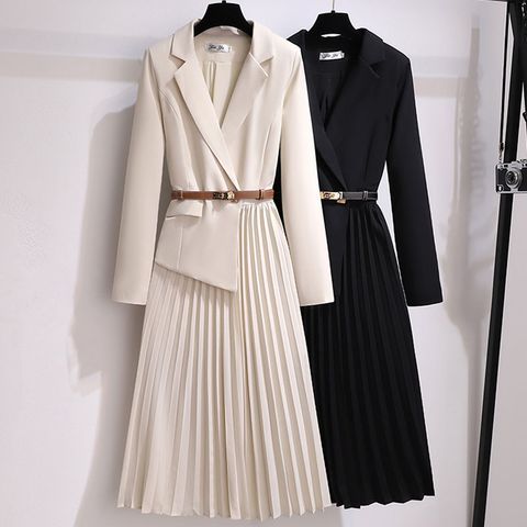 Women's Suit Skirt Fashion Turndown Belt Long Sleeve Solid Color Daily