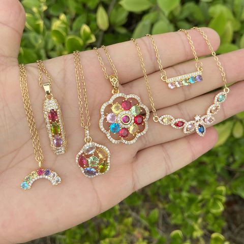 Cute Rainbow Flower Stainless Steel Necklace Inlay Zircon Stainless Steel Necklaces 1 Piece
