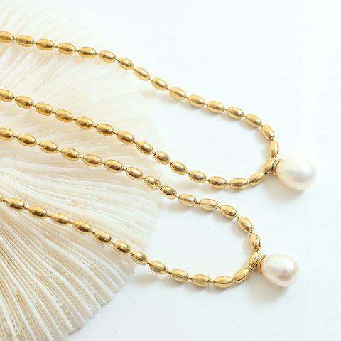 Fashion Solid Color Titanium Steel Necklace Inlay Artificial Pearls Stainless Steel Necklaces