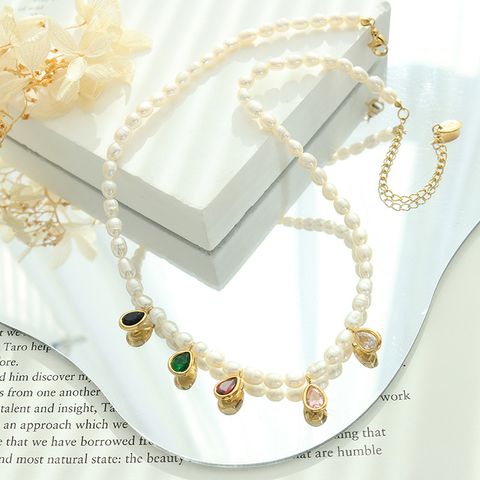 Fashion Water Droplets Titanium Steel Choker Pearl Inlay Artificial Crystal Stainless Steel Necklaces