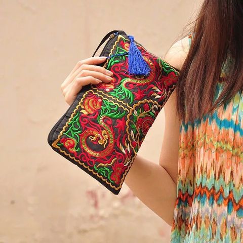 Ethnic Style Floral Embroidery Square Zipper Coin Purse