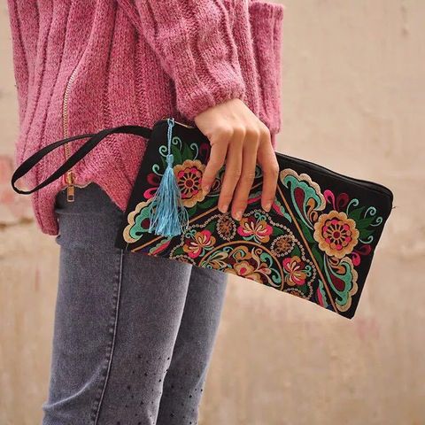 Ethnic Style Floral Embroidery Square Zipper Coin Purse