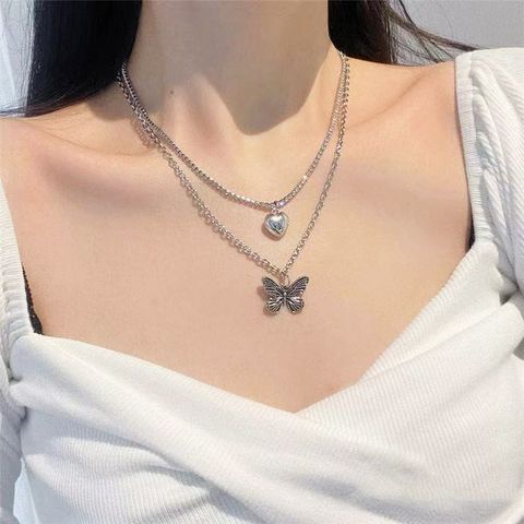 Sweet Heart Shape Butterfly Alloy Layered Plating Pendant Necklace 1 Piece