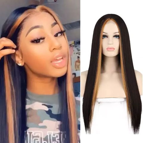 Women's Fashion Black Party Chemical Fiber Centre Parting Long Straight Hair Wigs