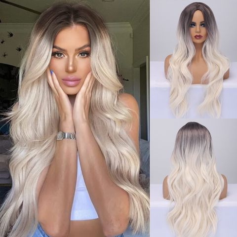 Women's Fashion White Party Chemical Fiber Centre Parting Long Curly Hair Wigs