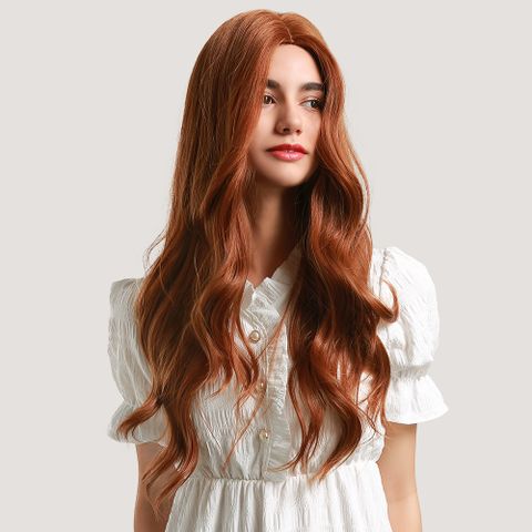 Women's Fashion Light Brown Party Chemical Fiber Centre Parting Long Curly Hair Wigs