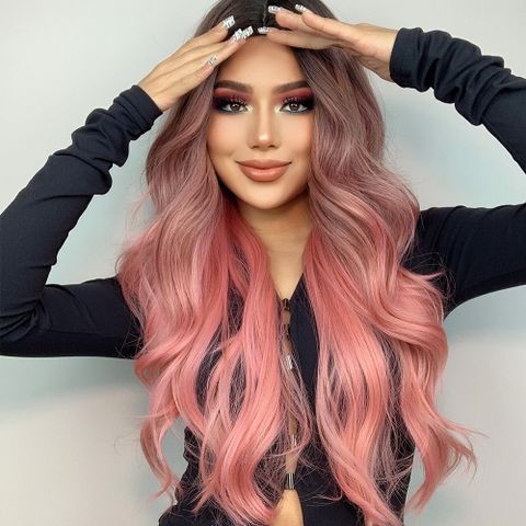 Women's Fashion Grey&pink Party Chemical Fiber Centre Parting Long Curly Hair Wigs