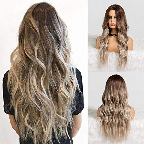 Women's Fashion Light Brown Party Chemical Fiber Centre Parting Long Curly Hair Wigs