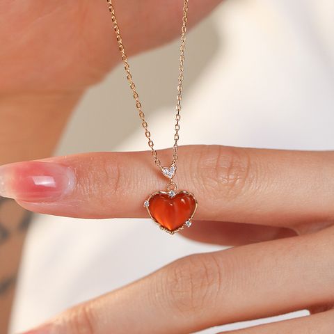 Fashion Heart Shape Alloy Inlay Rhinestone Agate Necklace
