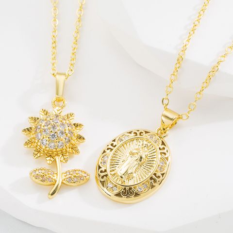 Mode Geometrisch Sonnenblume Kupfer Halskette Mit Anhänger Zirkon Kupfer Halsketten
