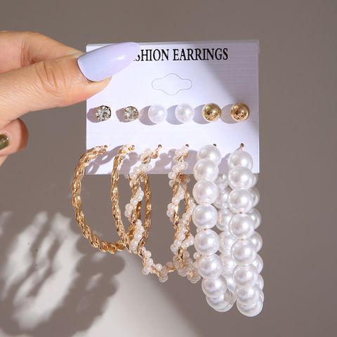 Modern Style Round Alloy Artificial Rhinestones Artificial Pearls Earrings 6 Pairs