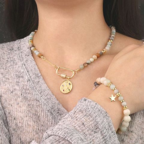 Mode Pentagramm Mond Kupfer Überzug Künstliche Edelsteine Armbänder Halskette