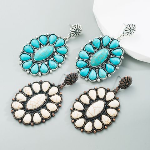 Fashion Oval Alloy Inlay Turquoise Drop Earrings